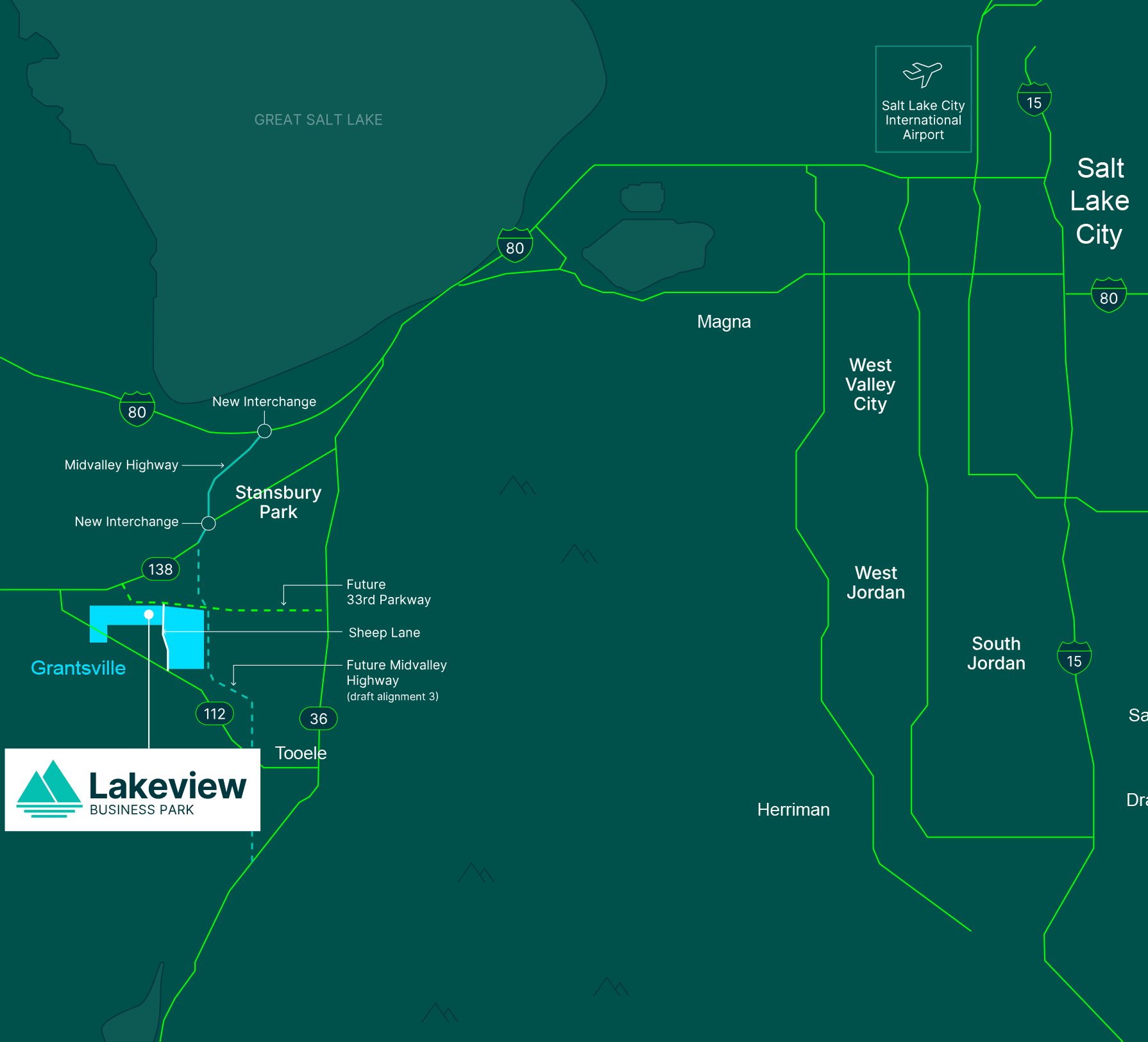 Regional map indicating industrial park locations relative to major highways and cities