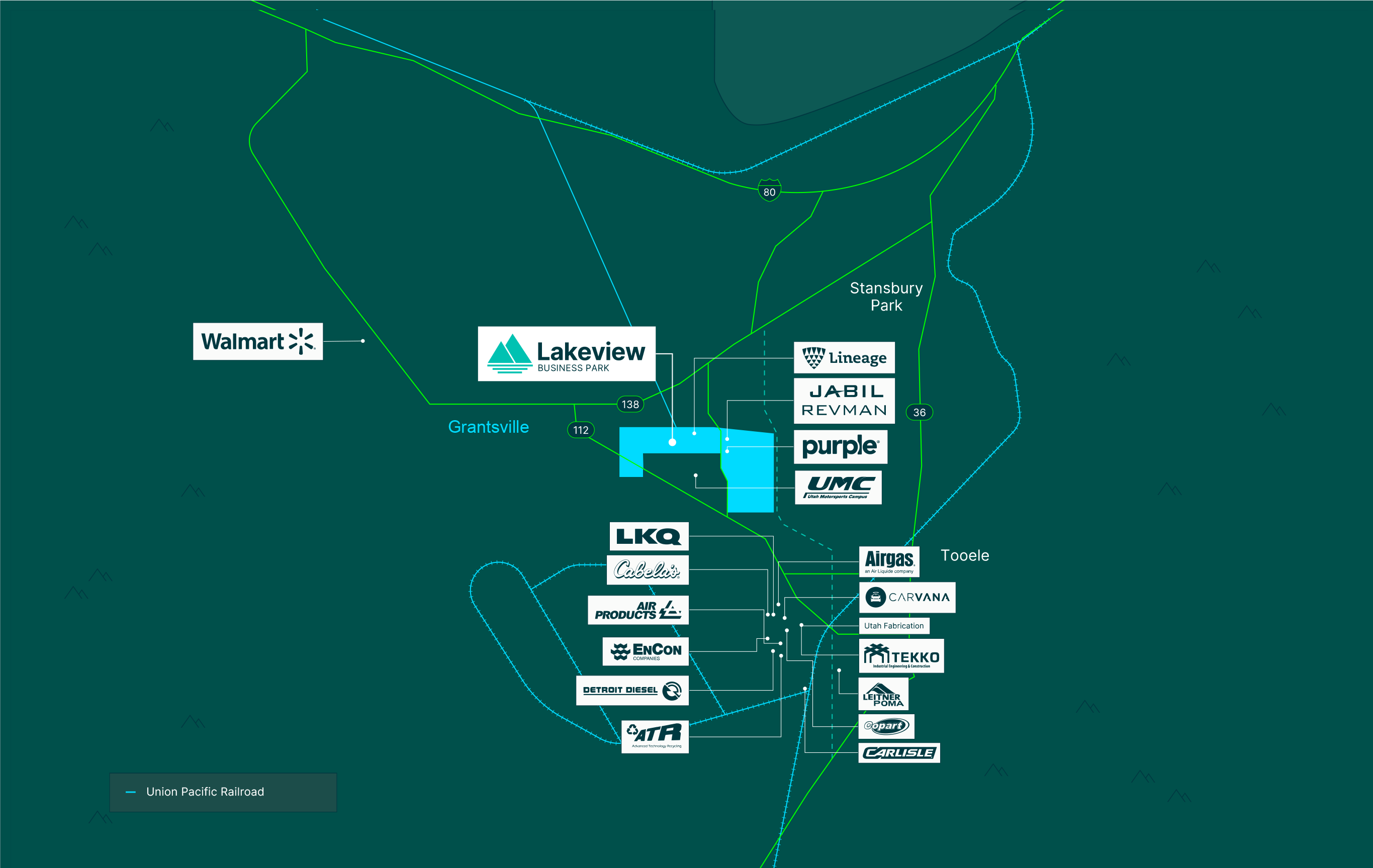 Map of Lakeview Business Park showing tenant locations, nearby facilities, and surrounding area